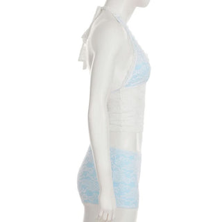 Lace v neck halter self tie low rise pant set