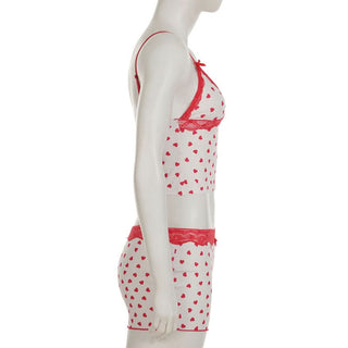 Lace hem v neck bowknot heart print cami pant set