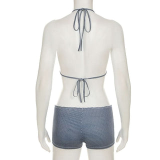 Plaid self tie halter bowknot low rise pant set