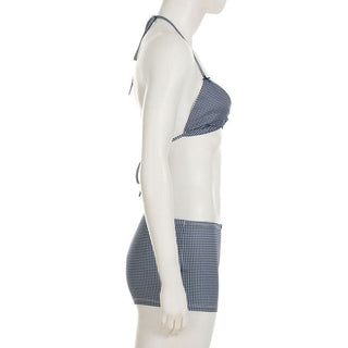 Plaid self tie halter bowknot low rise pant set