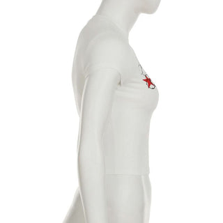 Crewneck short sleeve rose print contrast top