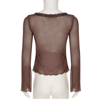 Long sleeve v neck mesh ruffle ribbon top