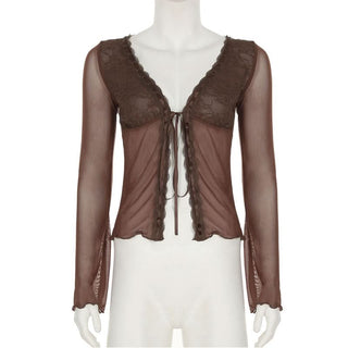 Long sleeve v neck mesh ruffle ribbon top