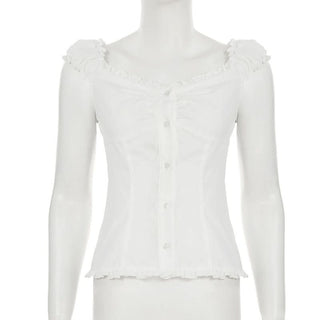 Ruffle button striped puff sleeve ruched top