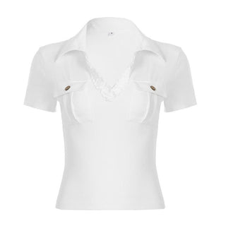 Ruffle turnover collar short sleeve pocket top
