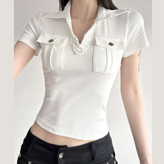 Ruffle turnover collar short sleeve pocket top