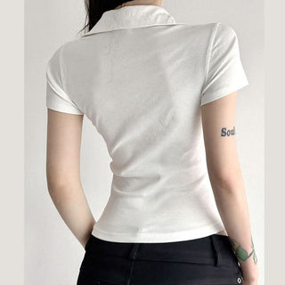 Ruffle turnover collar short sleeve pocket top