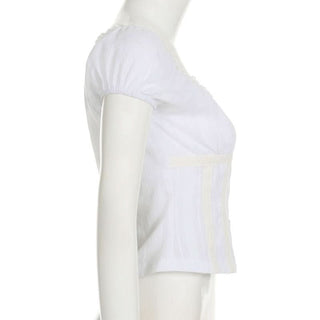 Short sleeve button ruched round neck top