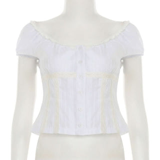 Short sleeve button ruched round neck top