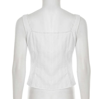 Lace hem self tie button u neck tank top