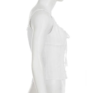 Lace hem self tie button u neck tank top