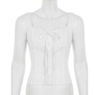Lace hem self tie button u neck tank top