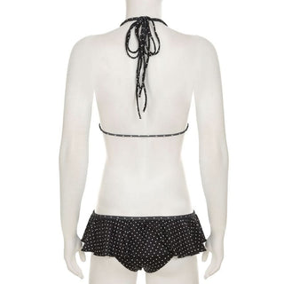 Ruffle self tie halter v neck polka dot pant set