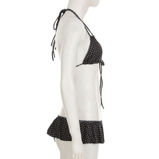 Ruffle self tie halter v neck polka dot pant set