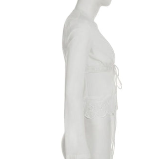 Long sleeve lace hem v neck self tie top