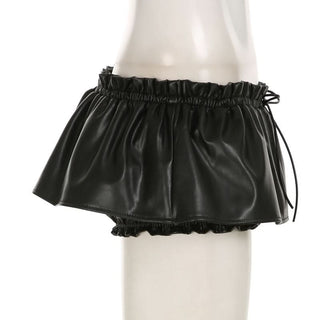 Ruched PU leather ruffle self tie mini skirt