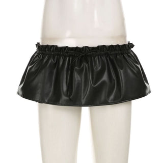 Ruched PU leather ruffle self tie mini skirt