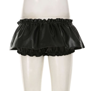 Ruched PU leather ruffle self tie mini skirt