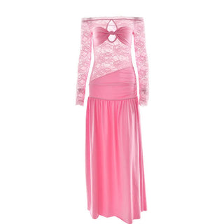 Long sleeve off shoulder hollow out lace slit cut out maxi dress
