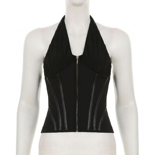 Halter zip-up mesh corset backless top