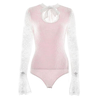 Long sleeve lace hollow out self tie bodysuit