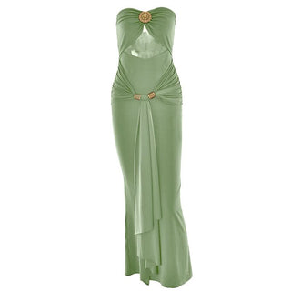 Hollow out ruched slit solid tube cut out maxi dress