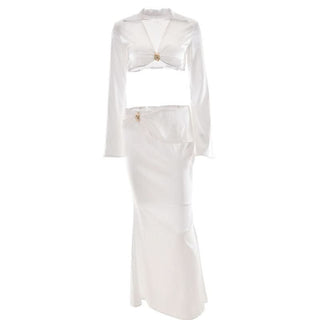 Satin long sleeve v neck maxi skirt set