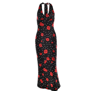Polka dot flower print halter maxi dress