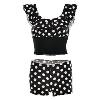 Polka dot u neck ruffle low rise pant set