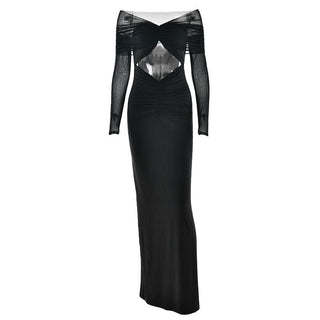 Long sleeve hollow out ruched mesh cut out maxi dress