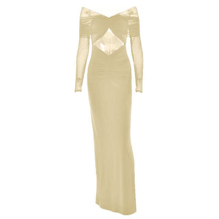 Long sleeve hollow out ruched mesh cut out maxi dress