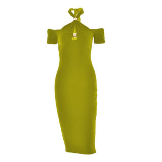 Halter hollow out self tie solid cut out midi dress