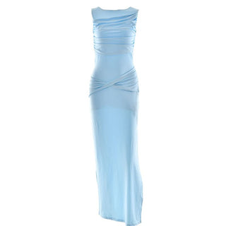 Ruched sleeveless hollow out button slit cut out maxi dress