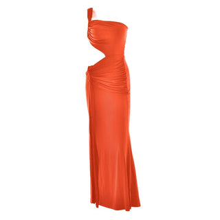 One shoulder ruched hollow out cut out maxi dress