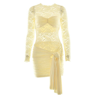 Long sleeve ruched lace knotted mini dress