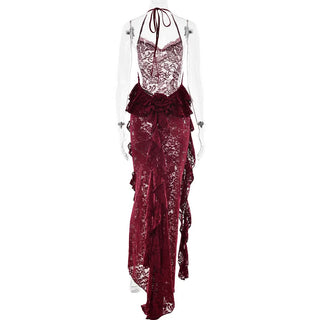 Halter lace ruffle backless maxi dress