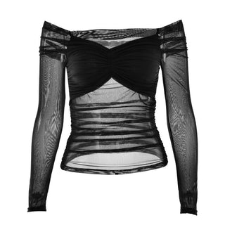 Long sleeve off shoulder mesh patchwork ruched mesh top