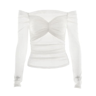Long sleeve off shoulder mesh patchwork ruched mesh top