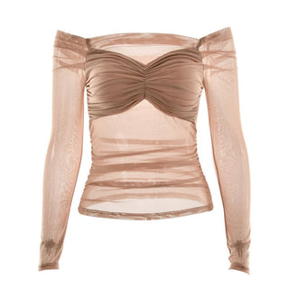 Long sleeve off shoulder mesh patchwork ruched mesh top