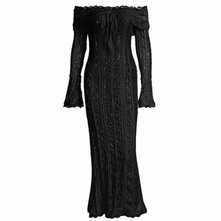Long flared sleeve off shoulder lace self tie maxi dress