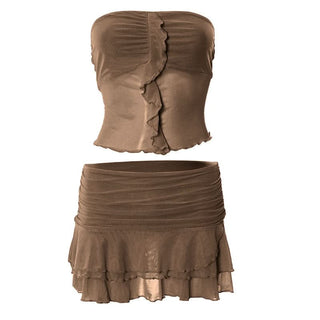 Ruffle mesh ruched tube mini skirt set