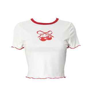 Crewneck short sleeve cherry pattern ruffle top