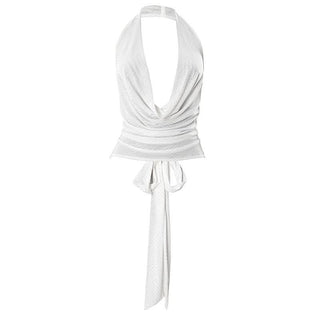 Cowl neck halter self tie mesh beaded top