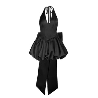 Halter self tie bowknot ruched v neck mini dress