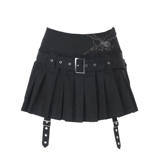 Pleated A line belt embroidery mini skirt