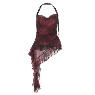 Plaid irregular halter ruffle buckle cowl neck top