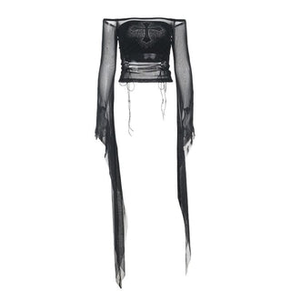 Long flared sleeve mesh off shoulder beaded top