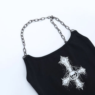 Metal chain halter u neck cross pattern top