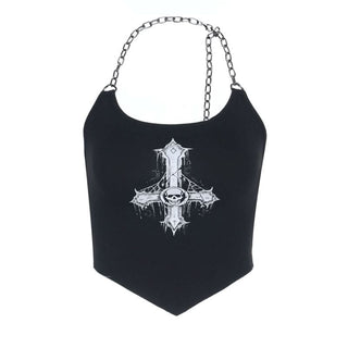 Metal chain halter u neck cross pattern top