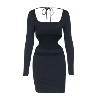 Long sleeve hollow out square neck self tie cut out mini dress